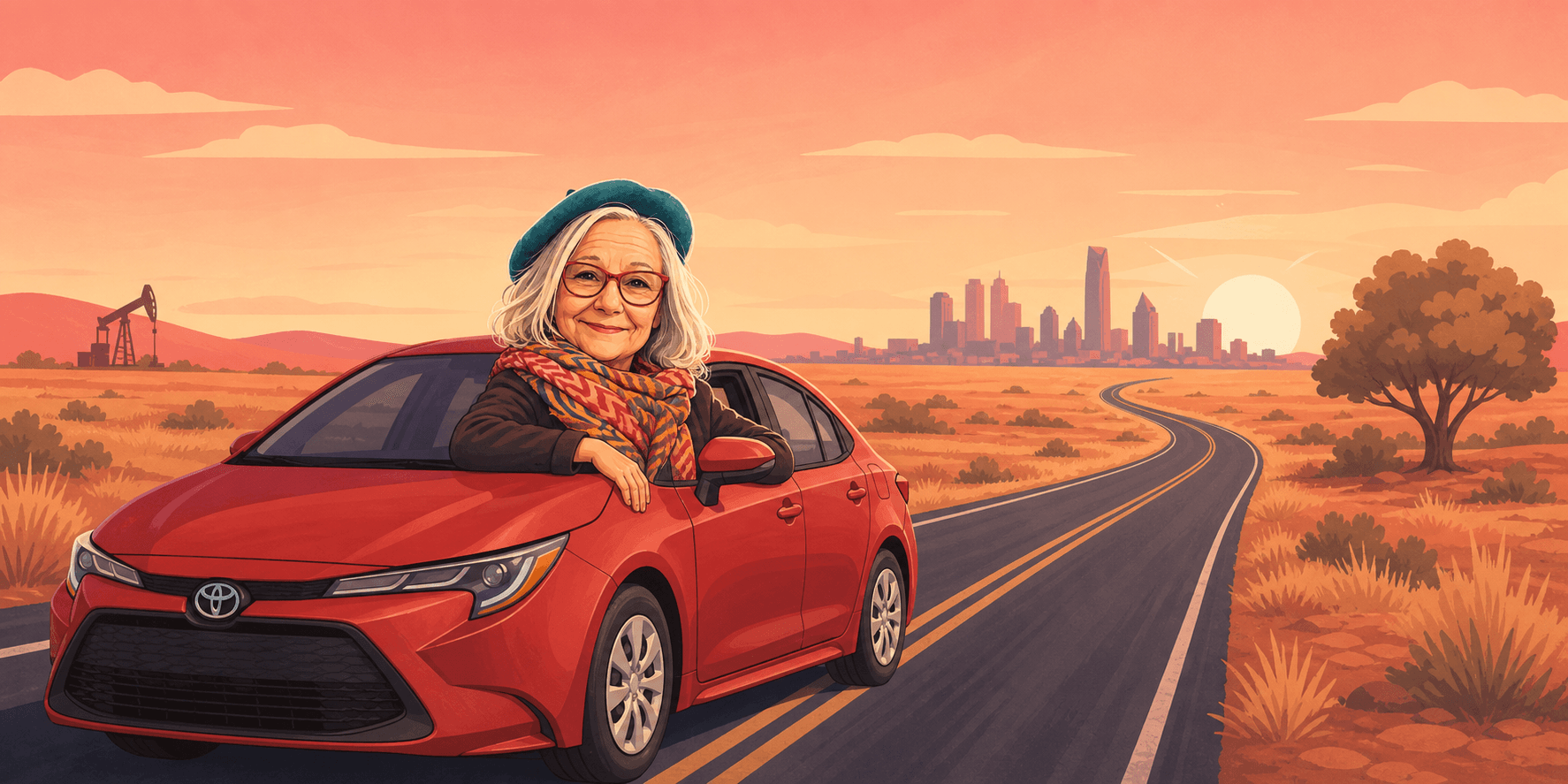 Carlene with a red Corolla on an Oklahoma road toward the OKC skyline
